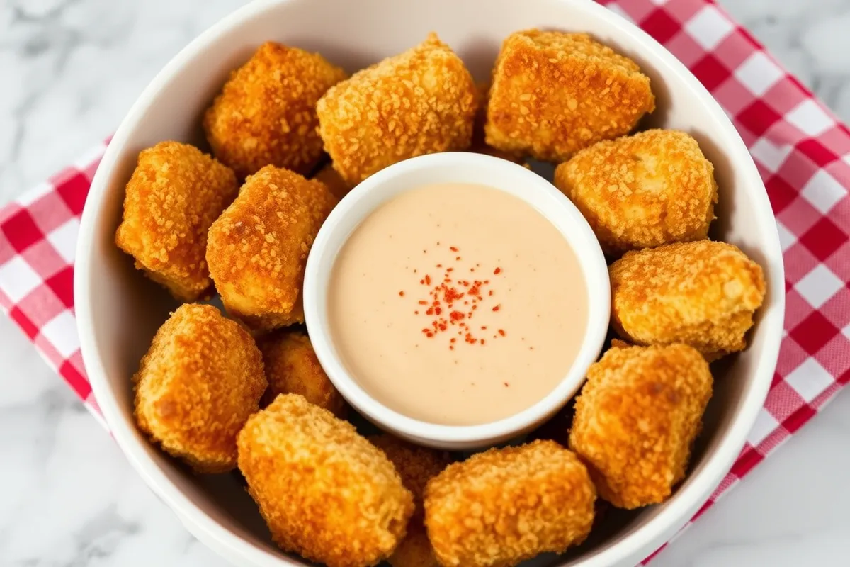 Homemade chicken nuggets made with ground chicken, served with dipping sauces on a plate.