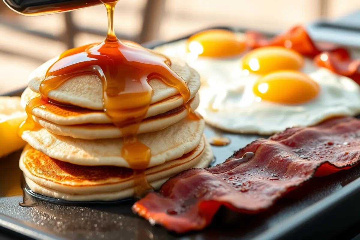 A Blackstone griddle cooking a variety of foods including pancakes, bacon, eggs, and vegetables, with a bright outdoor backdrop showcasing an inviting cooking experience.