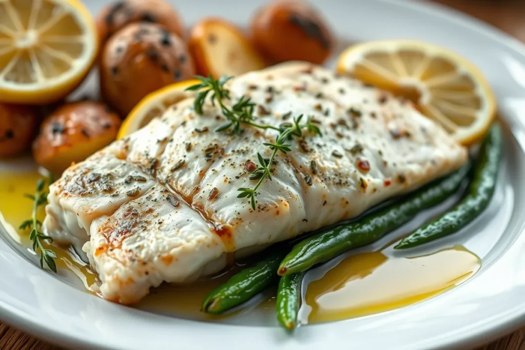 Oven-baked branzino served with lemon and herbs