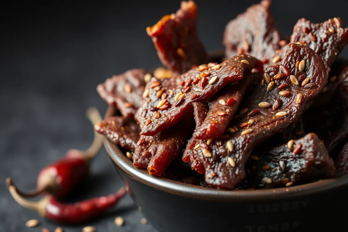 Thin slices of spicy homemade beef jerky arranged on a wooden board with chili peppers and garlic in the background.