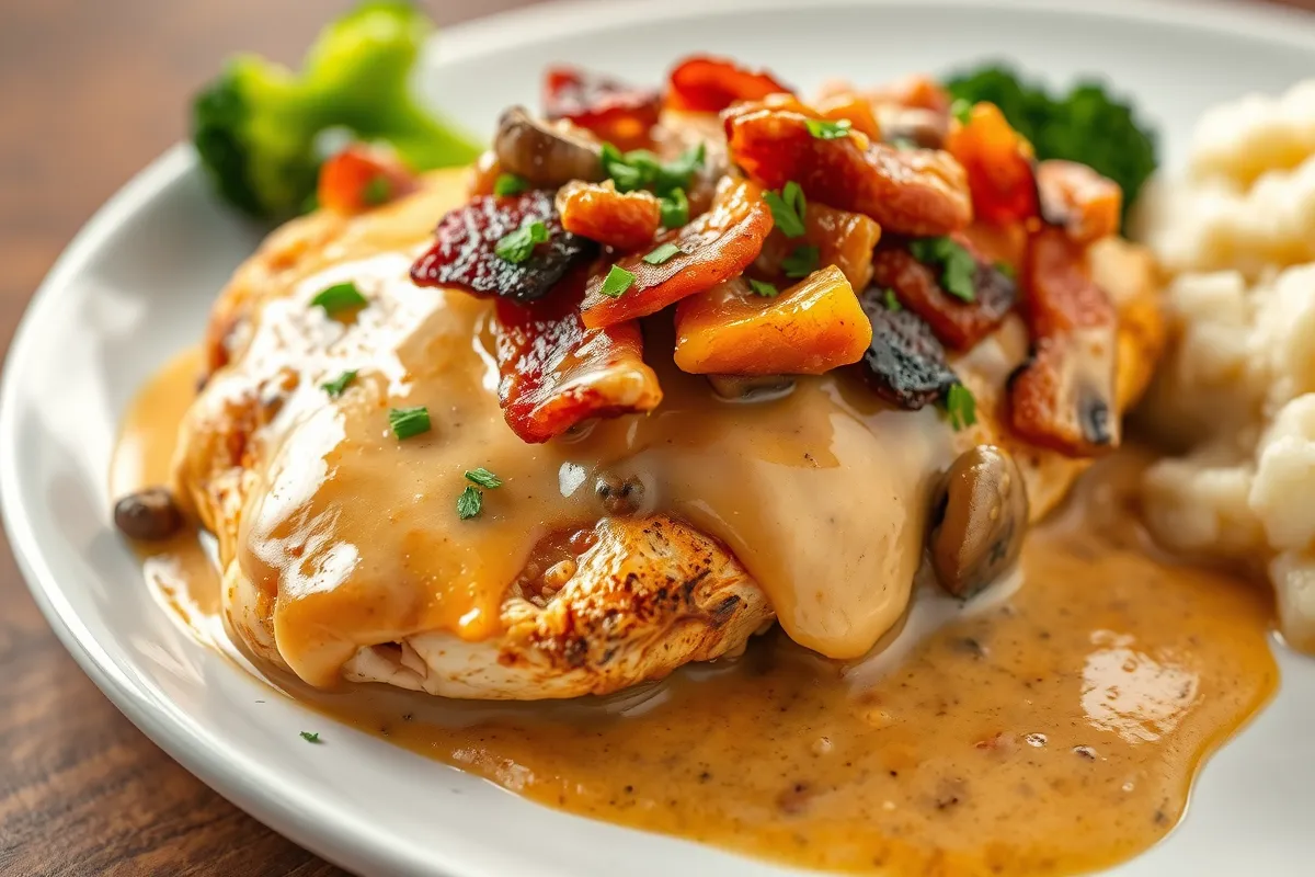 Alice Springs Chicken topped with crispy bacon, melted cheese, and sautéed mushrooms served with honey mustard sauce.