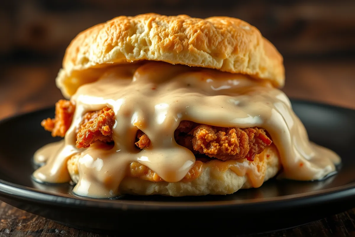 Flaky homemade biscuits topped with tender chicken and creamy gravy on a white plate.