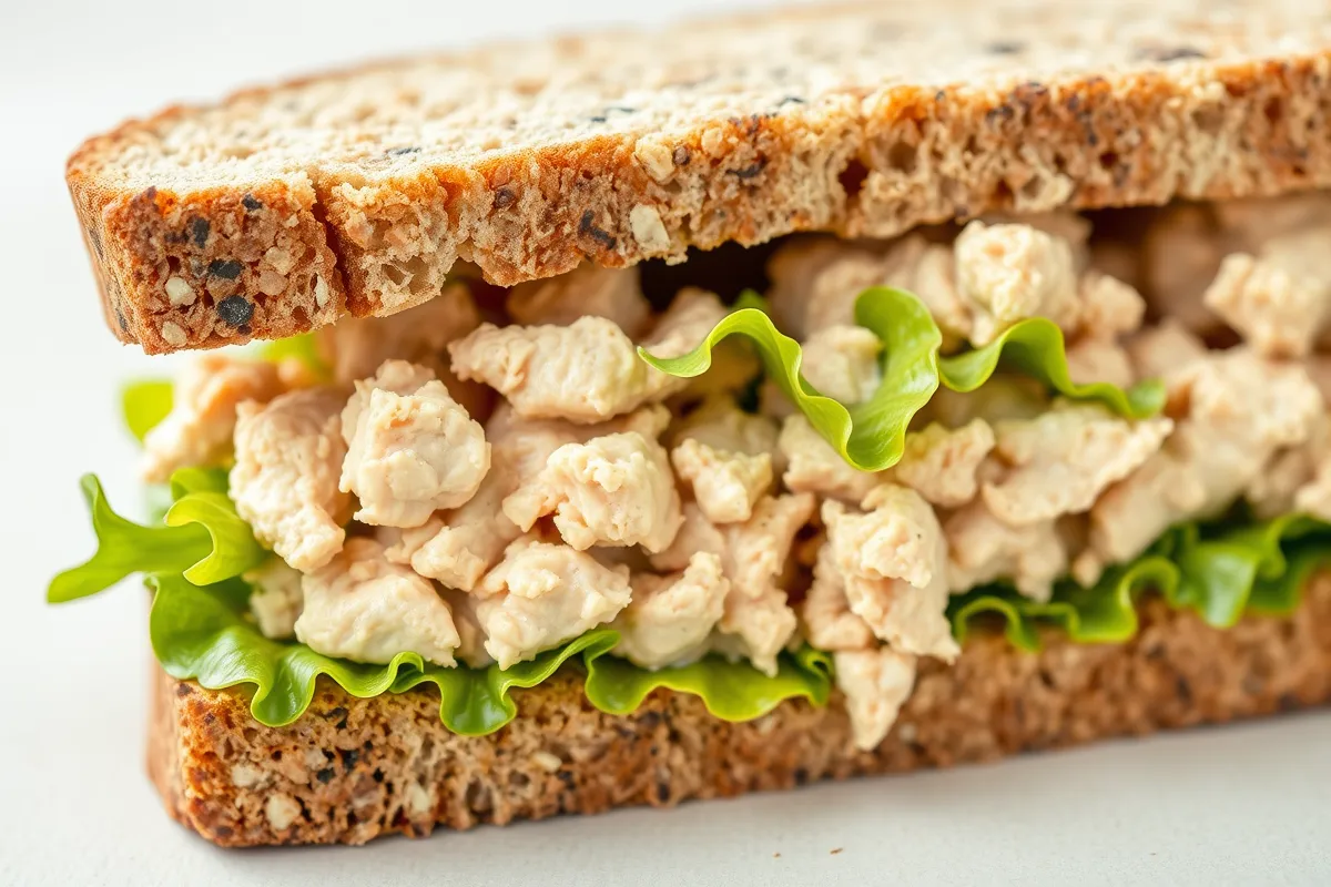 Freshly made tuna sandwich with lettuce and tomato on whole-grain bread, served with a side of potato chips.