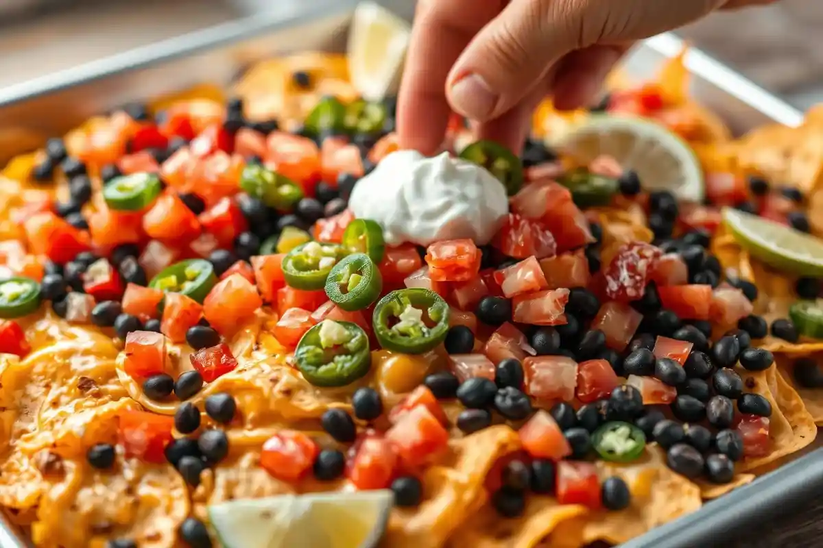 Crispy sheet pan nachos topped with melted cheese, jalapeños, and fresh vegetables.