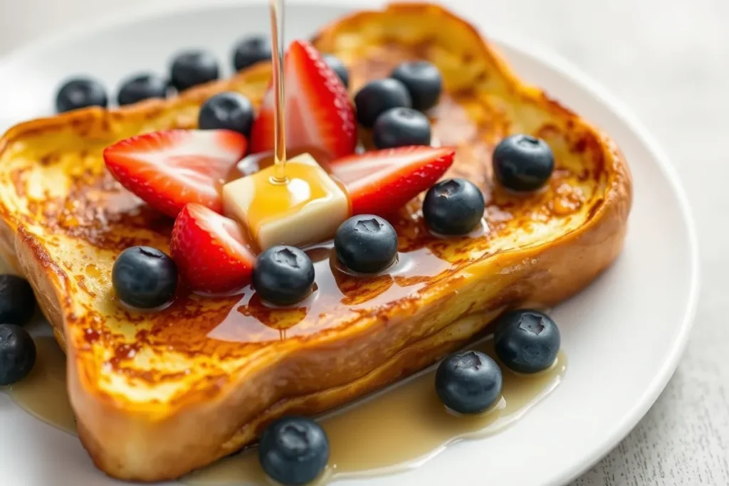 French toast topped with berries and syrup