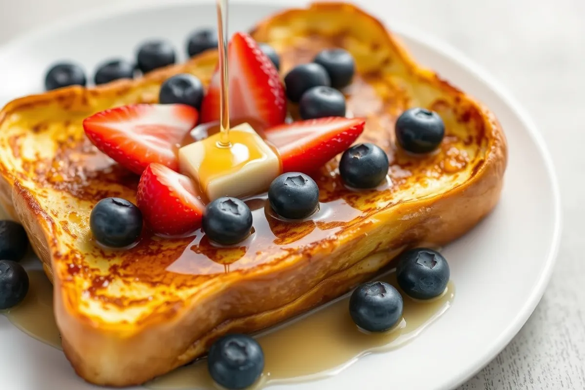 French toast topped with berries and syrup