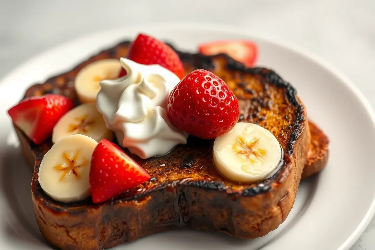 Golden brown sourdough French toast topped with fresh berries and maple syrup.