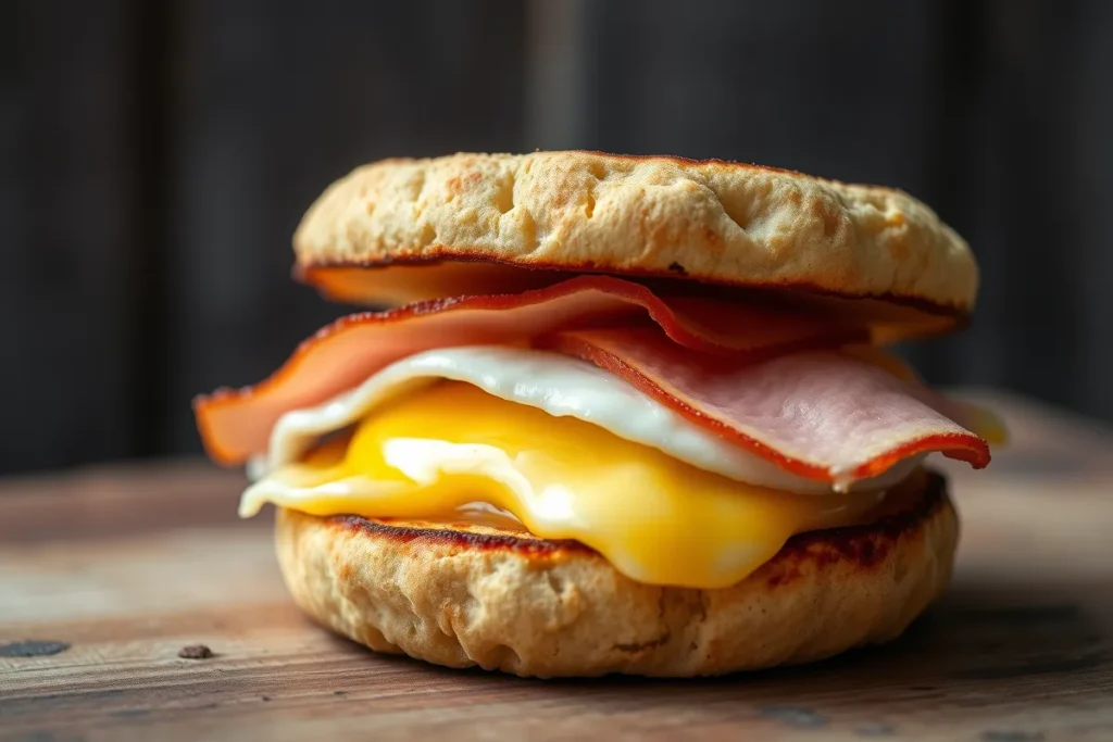 A breakfast sandwich with egg, cheese, and avocado made in a sandwich