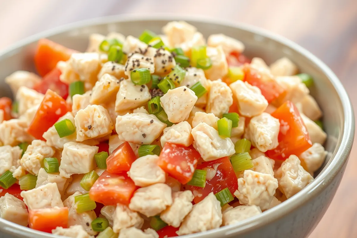 Freshly prepared chicken salad with grapes and pecans served on a white plate.