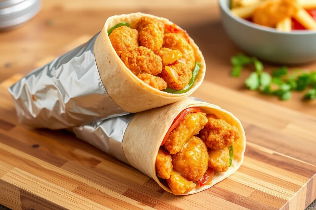 A crispy chicken nugget wrap filled with fresh vegetables, cheddar cheese, and honey mustard sauce, served alongside a glass of lemonade.