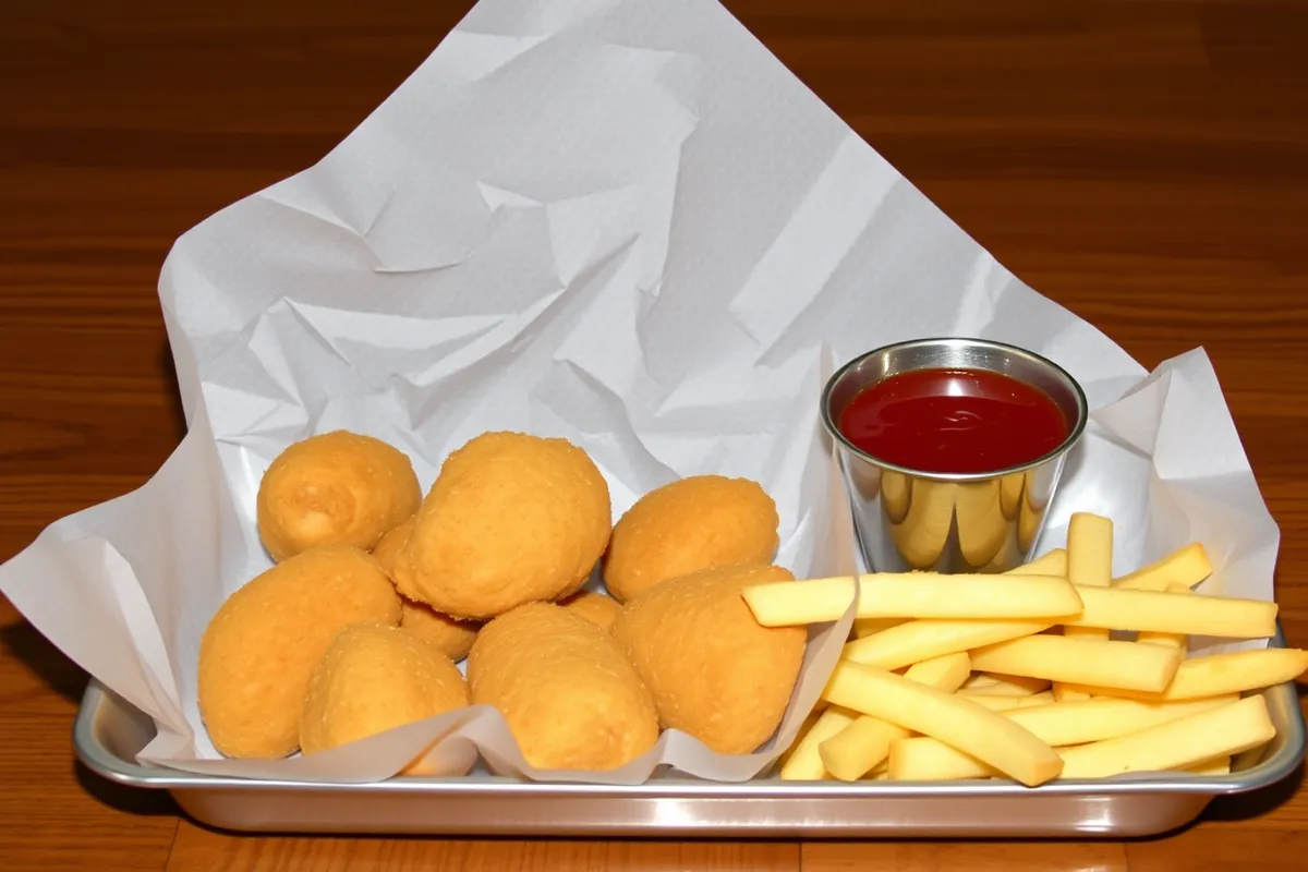 A plate of crispy chicken nuggets and golden French fries served with ketchup and honey mustard on a white plate