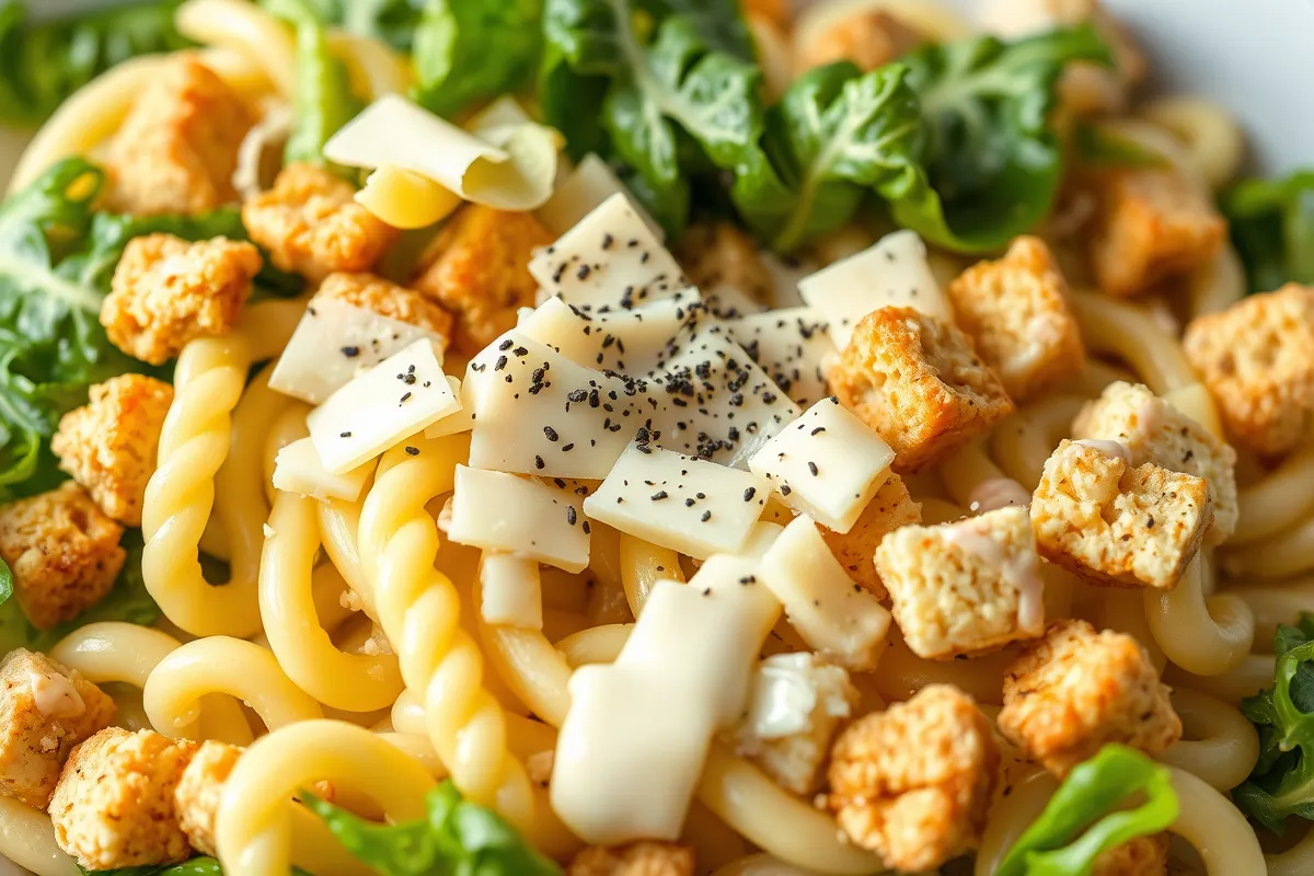 A delicious bowl of Caesar Pasta Salad featuring spiral pasta, creamy Caesar dressing, fresh cherry tomatoes, crunchy croutons, and grated Parmesan cheese.