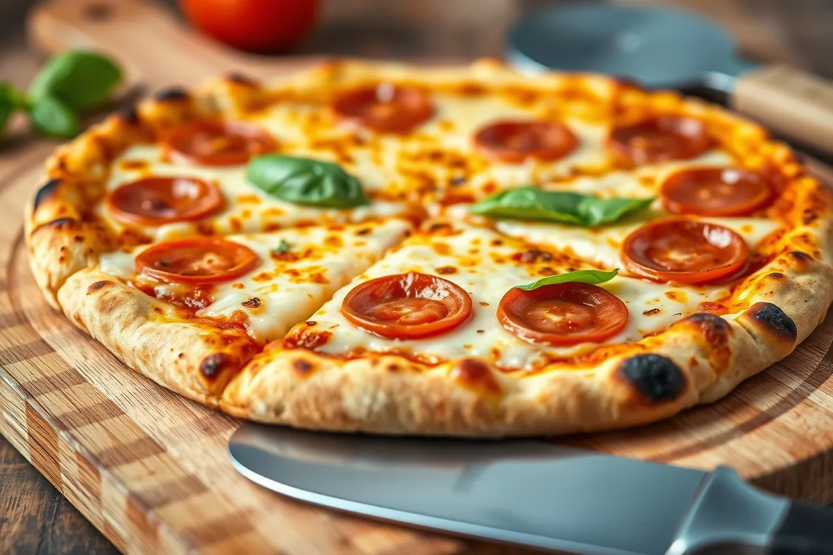 A delicious chicken crust pizza topped with fresh Caesar salad, Parmesan cheese, and creamy dressing, served on a wooden board.