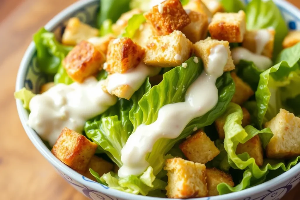 A fresh bowl of Costco Caesar Salad with romaine lettuce, croutons, Parmesan cheese, and creamy dressing, served on a wooden table.