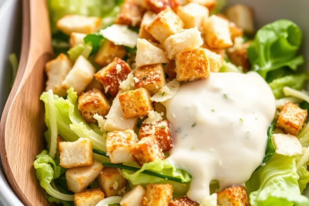 A vibrant bowl of Carolina Reaper Caesar Salad with crisp romaine lettuce, spicy dressing, and crunchy croutons.