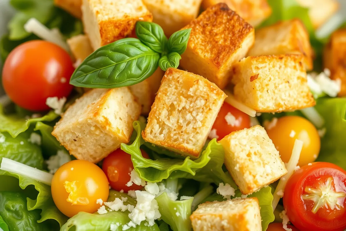 Homemade croutons for Caesar salad, golden and crispy, displayed on a baking sheet with herbs and seasoning.