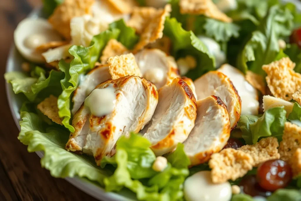 A bowl of Chicken Caesar Salad with grilled chicken, Romaine lettuce, Parmesan cheese, and creamy Caesar dressing, highlighting its calorie content.