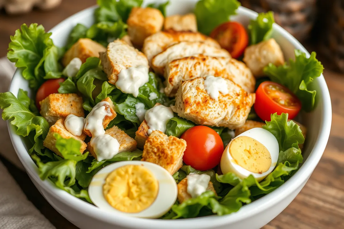 Kava Caesar Chicken Salad with fresh greens, grilled chicken, and creamy kava-infused dressing.