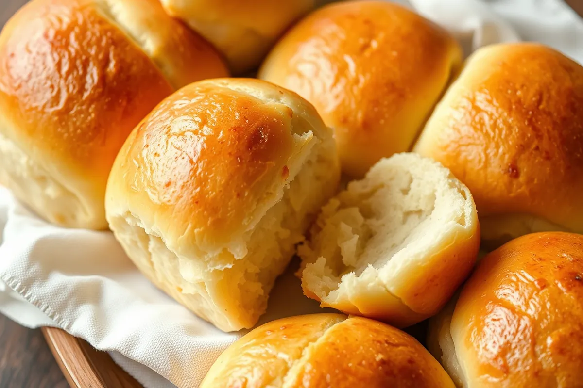 Freshly baked easy dinner rolls without yeast placed on a wooden cutting board, golden brown and fluffy, ready to serve with butter.