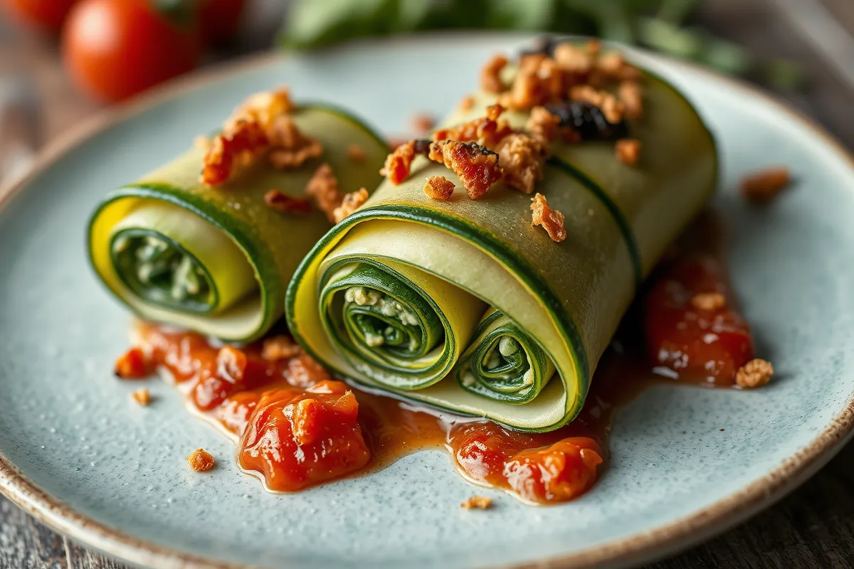 A vibrant raw vegan dinner plate featuring zucchini noodles, colorful vegetables, and a creamy cashew sauce, garnished with fresh herbs.