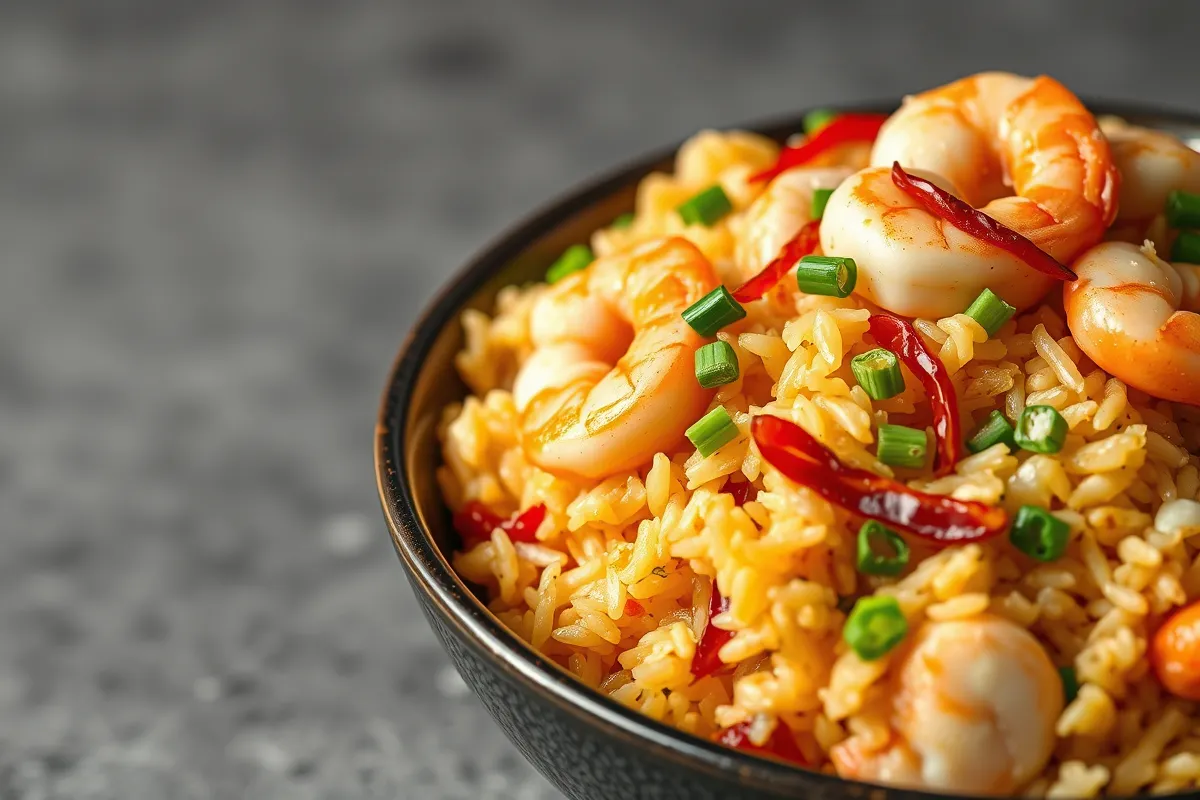 A bowl of gluten-free fried rice with colorful vegetables, chicken, and green onions, served in a white bowl.