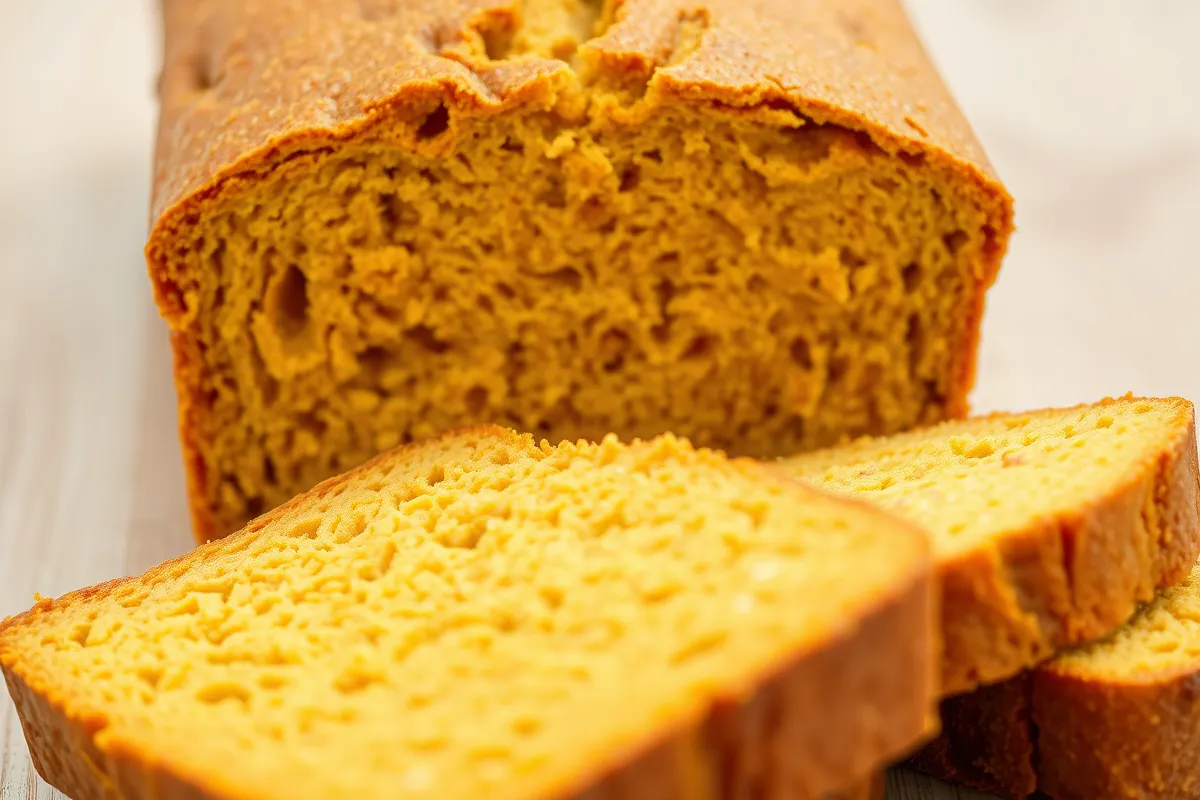 Gluten-free pumpkin bread loaf sliced, showing its moist and fluffy texture with a rich pumpkin color.