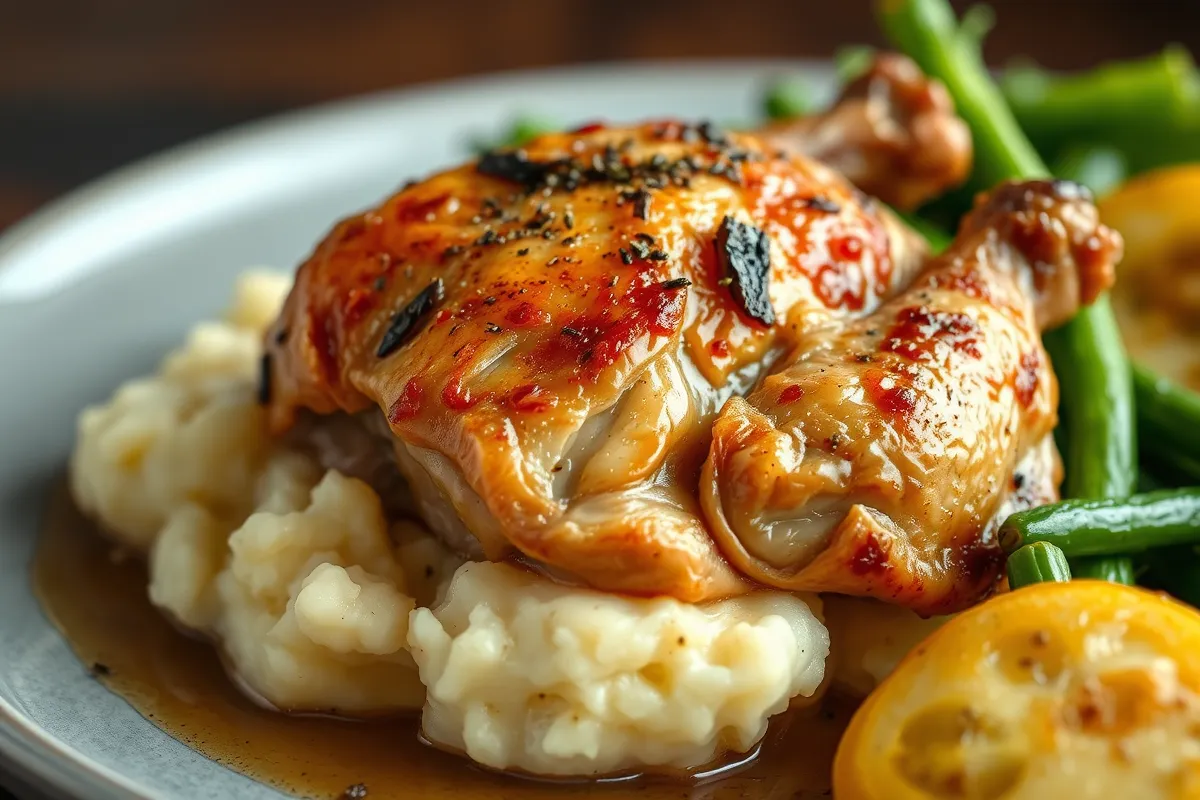 Juicy, golden Winner Winner Chicken Dinner served with mashed potatoes and roasted vegetables.