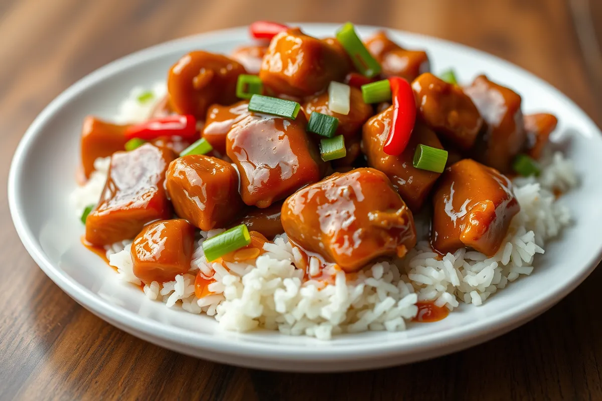 A plate of easy Chinese chicken stir-fry with colorful vegetables, served over steamed rice.