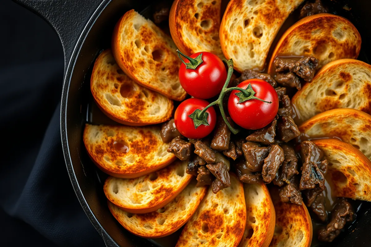 Diced beef cooked with vegetables in a skillet, garnished with fresh parsley.