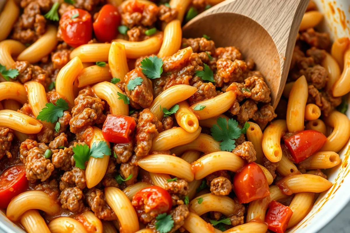 Delicious plate of cheesy ground beef pasta with parsley garnish, served with garlic bread and a side salad.