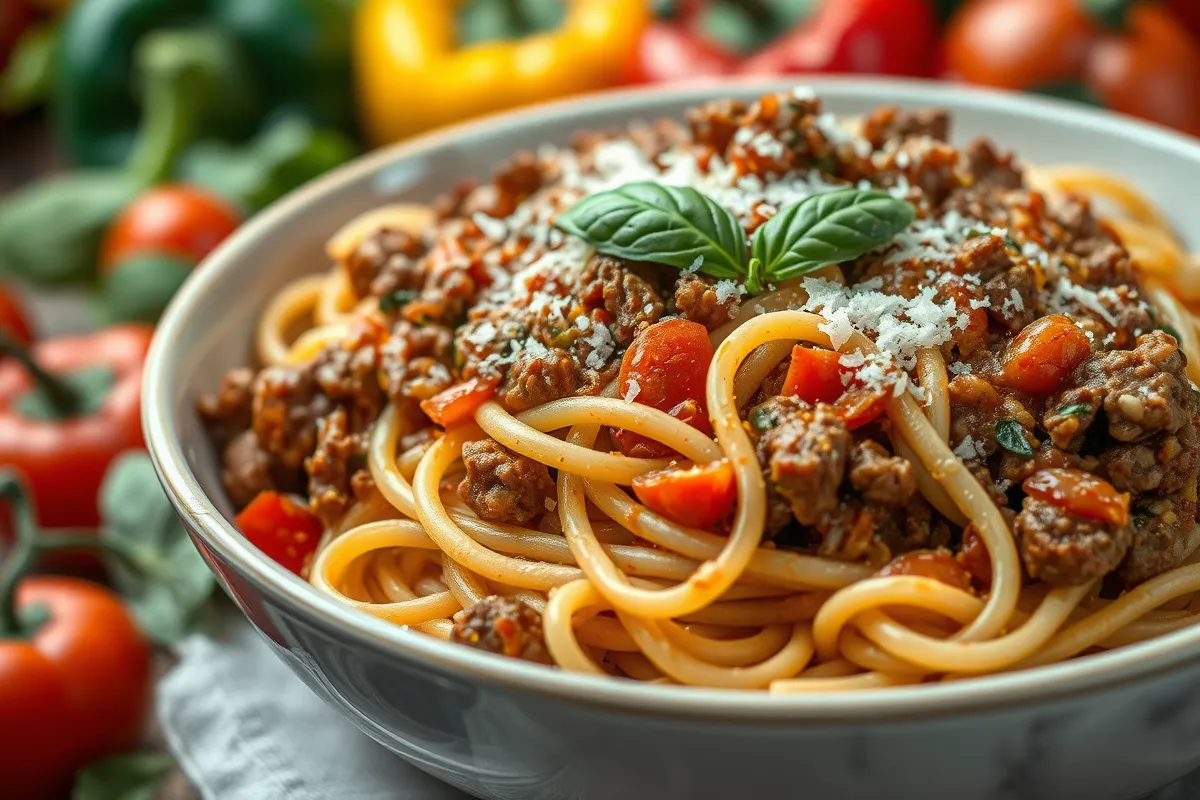 A bowl of slow cooker beef pasta with angel hair garnished with fresh parsley and grated Parmesan.