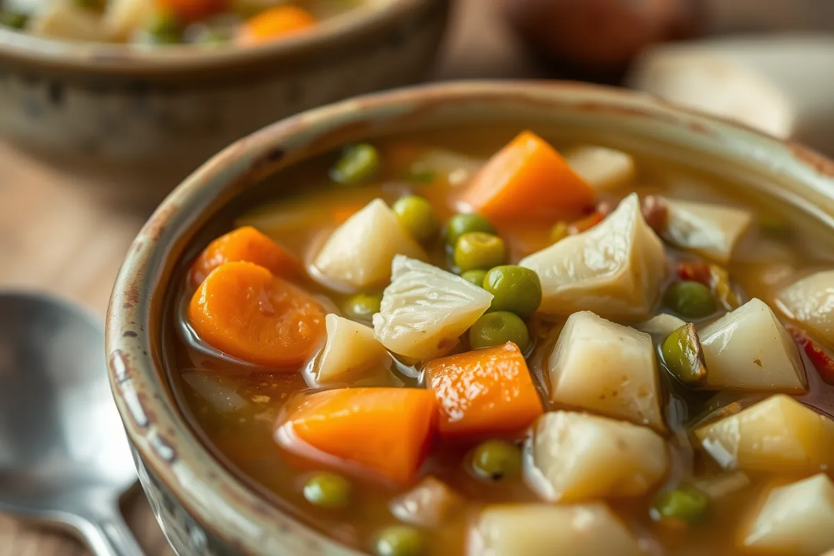 Slow-cooked cabbage and vegetable stew served in a white bowl with a garnish of fresh herbs.