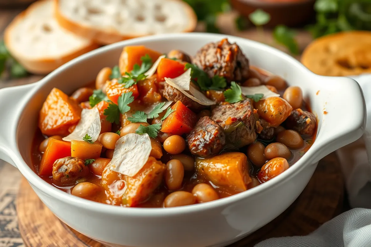 Slow cooker filled with a hearty high protein meal, featuring chicken, beans, and fresh vegetables.