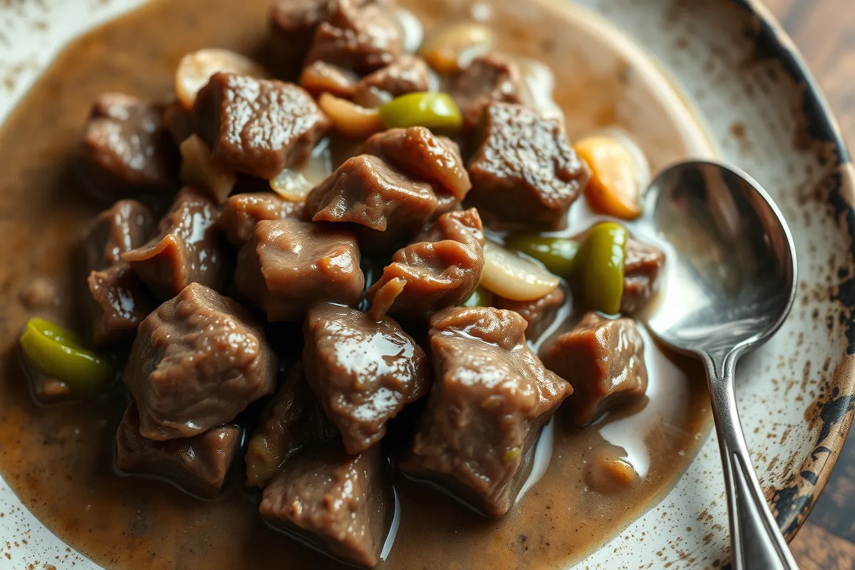 Slow-cooked venison roast with vegetables in a rustic serving dish, garnished with fresh herbs.