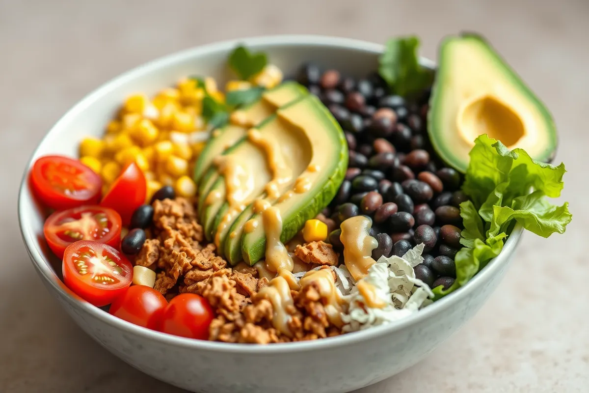 A vibrant vegan breakfast featuring avocado toast, a smoothie bowl with fresh fruit, and a cup of plant-based coffee.