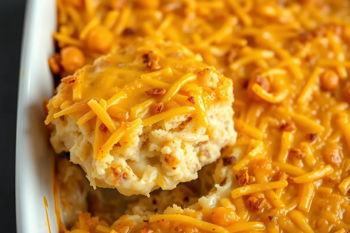 A golden-brown Pioneer Woman Hashbrown Breakfast Casserole served in a baking dish, garnished with fresh parsley.