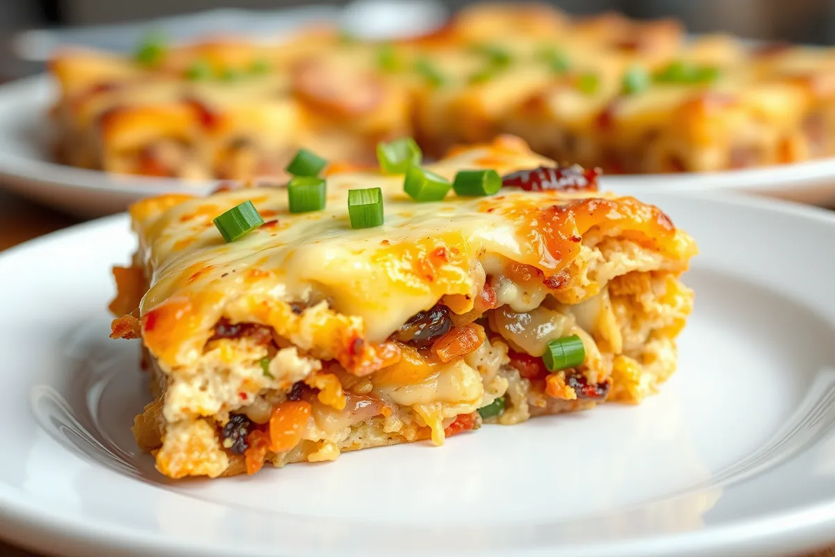 Gluten-free breakfast casserole with eggs, vegetables, and cheese baked in a dish.