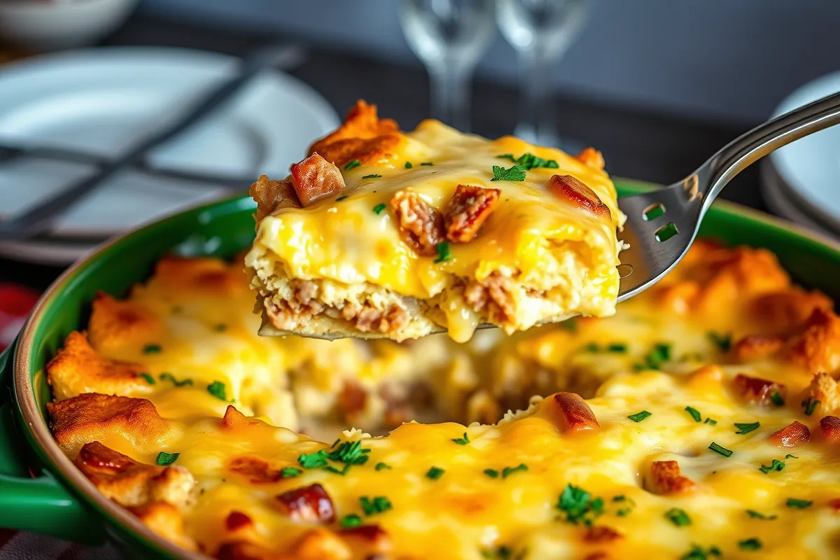 A festive Christmas breakfast casserole baked in a 13x9 pan, featuring layers of eggs, cheese, and holiday-inspired toppings.