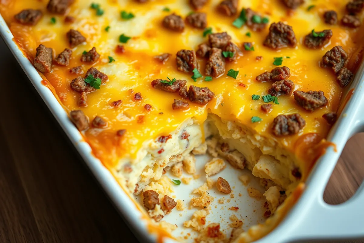 Paula Deen breakfast casserole served in a baking dish with golden-brown cheese topping, garnished with fresh parsley.