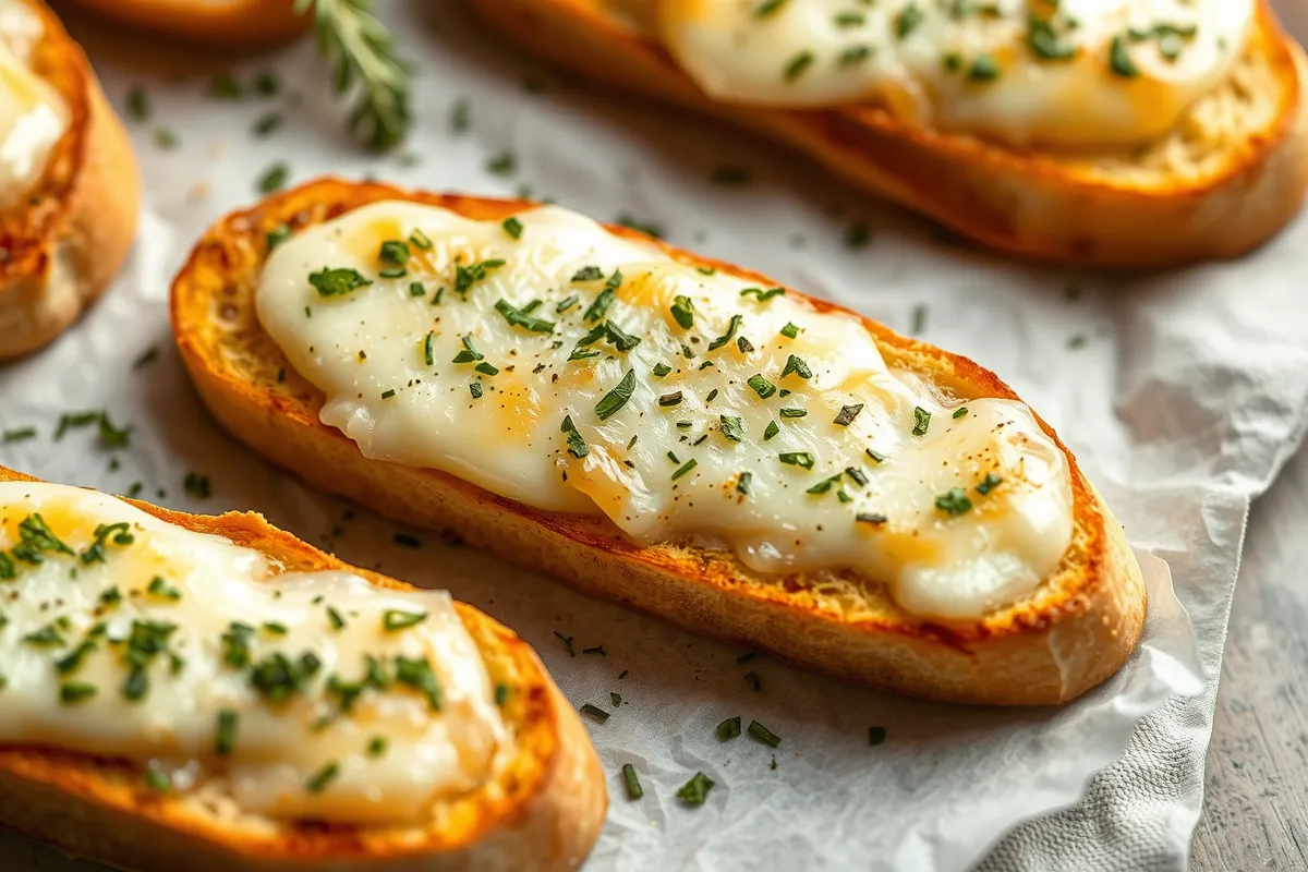 Golden-brown garlic bread slices topped with melted butter, minced garlic, and fresh parsley.