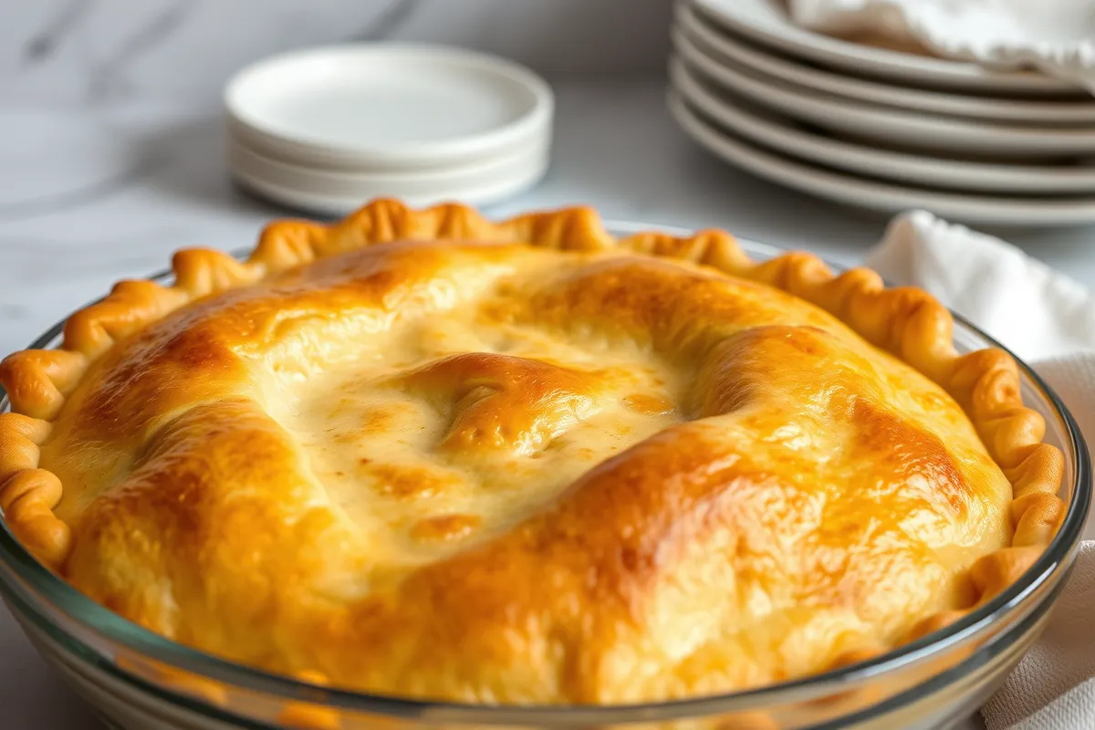 Golden, flaky pie crust with crimped edges ready for baking.