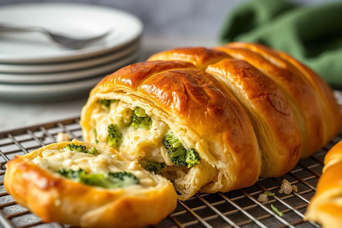 Golden chicken and broccoli braid with melted cheese and flaky crust on a baking sheet.