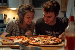 Two people sharing a 12-inch pizza at a table.